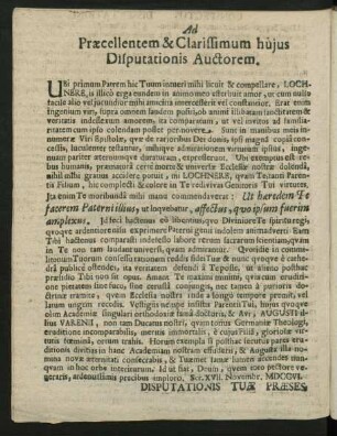 Ad Praecellentem & Clarissimum hujus Disputationis Auctorem