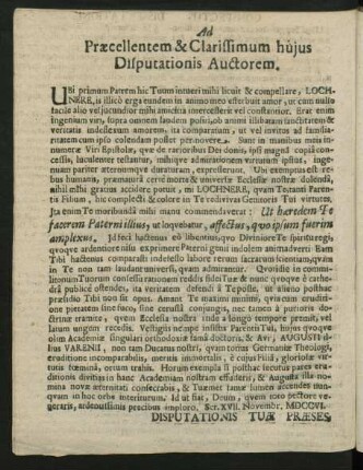 Ad Praecellentem & Clarissimum hujus Disputationis Auctorem