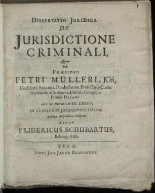 Dissertatio Iuridica De Iurisdictione Criminali