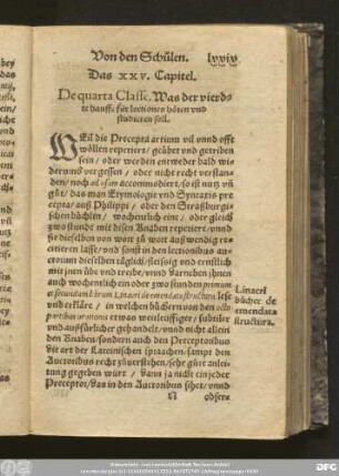 Das XXV. Capitel. De quarta Classe. Was der viedte hauffe dür lectiones hören und studieren soll.