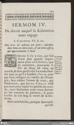Sermon IV. Du devoir auquel la Redemtion nous engage
