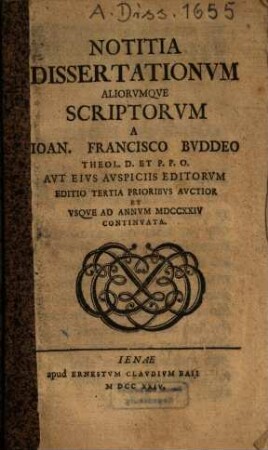 Notitia Dissertationvm Aliorvmque Scriptorvm A Ioan. Francisco Bvddeo ... Avt Eivs Avspiciis Editorvm