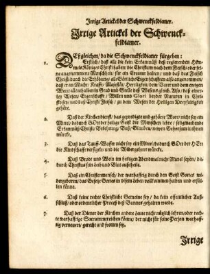 Irrige Artickel der Schwenckfeldianer