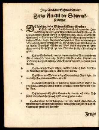 Irrige Artickel der Schwenckfeldianer