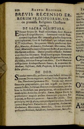 Brevis Recensio Errorum Præcipuorum, circa præmissa Religionis Christianæ capita.