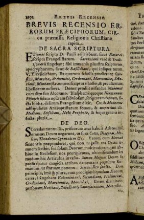 Brevis Recensio Errorum Præcipuorum, circa præmissa Religionis Christianæ capita.