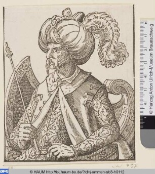 Sitzender Orientale mit Feder am Turban, Brustbild