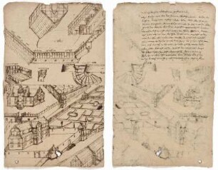 Fahre, Entwürfe für ein Lustschloss, Herberge mit Wirtschaftshof (recto), Brief von Johann Günther (verso)