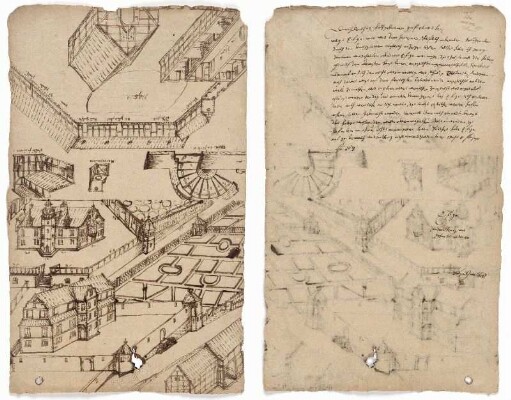 Fahre, Entwürfe für ein Lustschloss, Herberge mit Wirtschaftshof (recto), Brief von Johann Günther (verso)