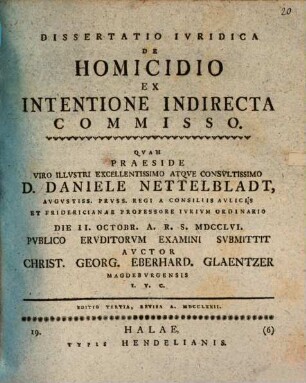 Diss. iur. de homicido, ex intentione indirecta commisso