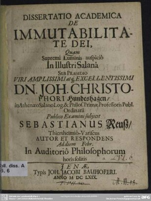 Dissertatio academica de immutabilitate dei