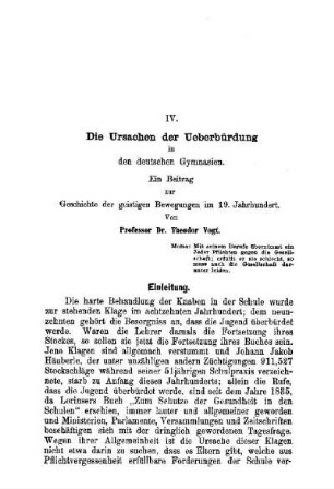 Die Ursachen der Ueberbürdung in den deutschen Gymnasien : ein Beitrag zur Geschichte der geistigen Bewegungen im 19. Jahrhundert ; von Professor Dr. Theodor Vogt