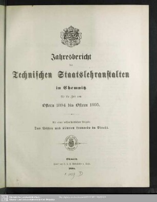 1894/95: Jahresbericht der Technischen Staatslehranstalten zu Chemnitz