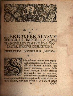 Diss. inaug. de clerico per abusum officii pastoralis, leges imperii atque tranquillitatem publicam violante, eiusve coercitione