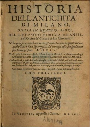 Historia dell'antichità di Milano : divisa in quattro libri