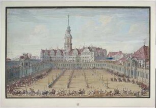Aufzug der Wagen und Reiter zum Ringrennen der Damen am 6. Juni 1709 ( im hölzernen Amphitheater in Dresden) : Aufzug der Wagen und Reiter zum Ringrennen der Damen am 6. Juni 1709 (im hölzernen Amphitheater in Dresden) Deckfarben; 585 x 916 mm. 1710