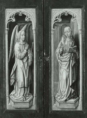 Flügelaltärchen: Marienaltar. Außen: Verkündigung. Innen: Mitte: Maria mit Kind und Stifter. Links: Hl. Magdalena?. Rechts: Hl. Katharina