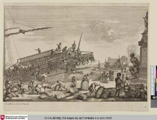 [Beladen einer Galeere des Stephansordens im Hafen von Livorno; Chargement d'une galère de l'ordre de Saint Etienne; Quay of Livorno with people unloading a ship]