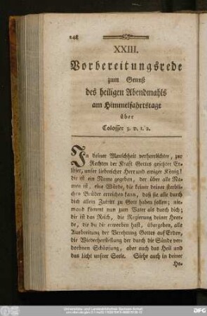 XXIII. Vorbereitungsrede zum Genuß des heiligen Abendmahls am Himmelfahrtstage über Colosser 3. v. 1. 2.