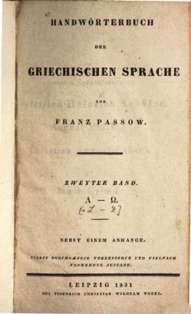 Handwörterbuch der griechischen Sprache, 2. Lambda - Omega : nebst einem Anhange