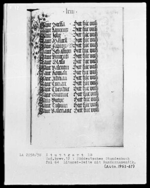 Deutsches Gebetbuch (Waldburg-Gebetbuch) — Litaneiseite mit Initiälchen S und Randornamentik, Folio 64recto