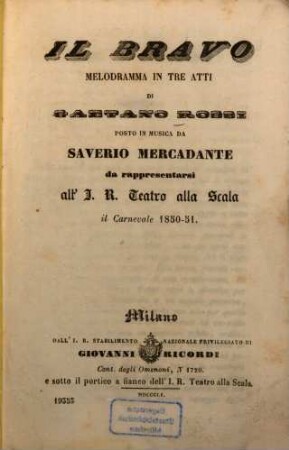 Il bravo : Melodramma in 3 atti