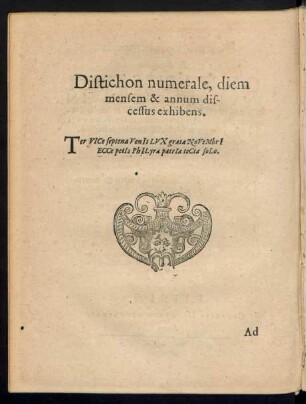 Distichon numerale, diem mensem & annum discessus exhibens.