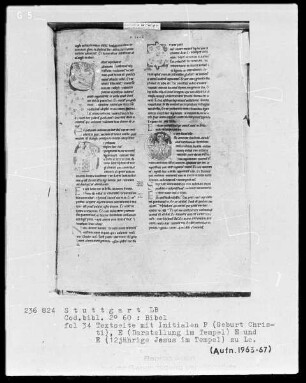 Bibel — Textseite mit drei historisierten Initialen, Folio 34recto