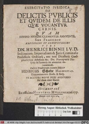 Exercitatio Iuridica De Delictis Publicis Et Quidem De Illis Quae Vocantur Carnis