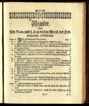 Register, Uber Alle Num. und §. so in diesem Werck, der Ordnung nach, vorkommen.
