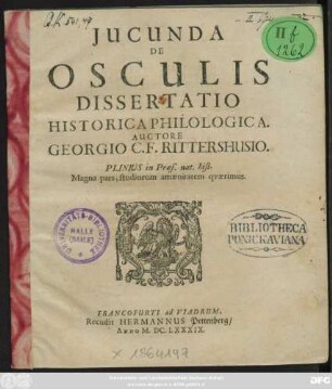 Iucunda De Osculis Dissertatio Historica Philologica