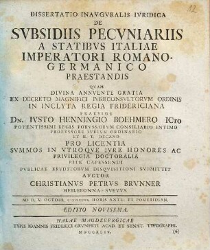 Dissertatio Inavgvralis Ivridica De Svbsidiis Pecvniariis A Statibvs Italiae Imperatori Romano-Germanico Praestandis