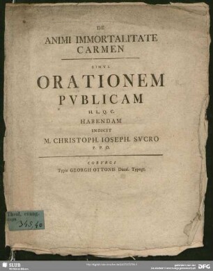 De Animi Immortalitate Carmen : Simul Orationem Publicam ... Habendam Indicit