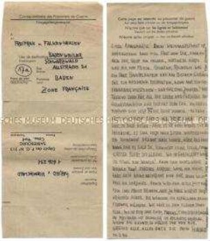Brief von Harald von Koenigswald aus dem Kriegsgefangenenlager in Sarrebourg an seine Schwägerin - Familienkonvolut