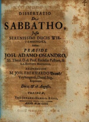 Dissertatio De Sabbatho