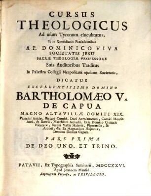 Cursus Theologicus, 1. De Deo Uno, Et Trino