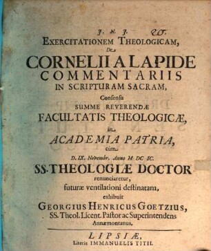 Exercitationem Theologicam, De Cornelii A Lapide Commentariis In Scripturam Sacram