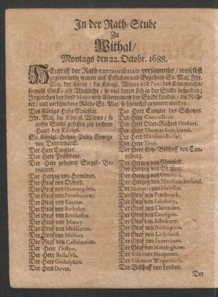 In der Rath-Stube Zu Withal/ Montags den 22. Octobr. 1688.