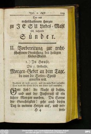Der mit rechtschaffenem Herzen zu Jesu Liebes-Mahl sich nahende Sünder. II. Vorbereitung zur rechtschaffenen Geniessung des heiligen Liebes-Mahls.