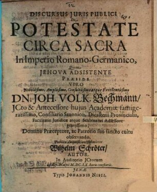 Discursus iuris publ. de potestate circa sacra in imperio Romano-Germanico