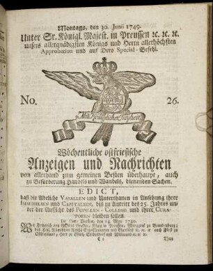 No. 26. Montags, den 30. Junii 1749.