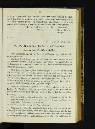 Anlage 3. Sr. Durchlaucht dem Fürsten von Bismarck, Kanzler des Deutschen Reichs.