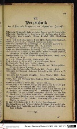 VII. Verzeichniß der Cassen und Recepturen von allgemeinem Interesse.