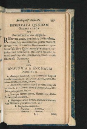 Analoga & Anomalia Reservata Quaedam Grammatica Pro Provectioris aetatis discipulis.