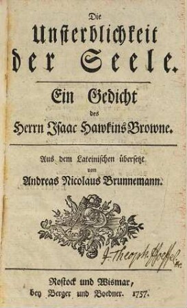 Von der Unsterblichkeit der Seele : ein Gedicht des Herrn Isaac Hawkins Browne