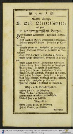 Kaiserlich Königl. V. Oest. Oberzollämter, und zwar in der Marggraffschaft Burgau.