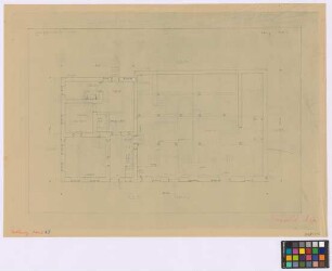 Icking (Landkreis Wolfratshausen): Bauernhaus, [Altes Haus Klostermayer]. Haupthaus (Grundriss des Erdgeschosses mit Balkenlage)
