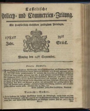 1781tes Jahr. 39tes Stück. Montag den 24ten September