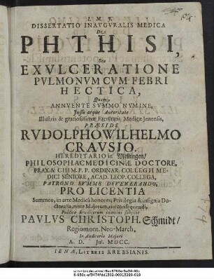 Dissertatio Inauguralis Medica De Phthisi, Seu Exulceratione Pulmonum Cum Febri Hectica