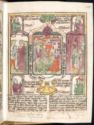 (1) Propheten-Brustbilder; (2) Antitypus: Einzug Christi in Jerusalem; Typen: (3) David bringt das Haupt Goliaths nach Jerusalem; (4) Die Söhne der Propheten empfangen Elisa